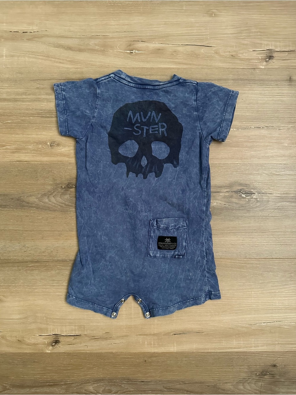 Mini Munster Blue Acid Wash Skull Romper Size 6-12 months